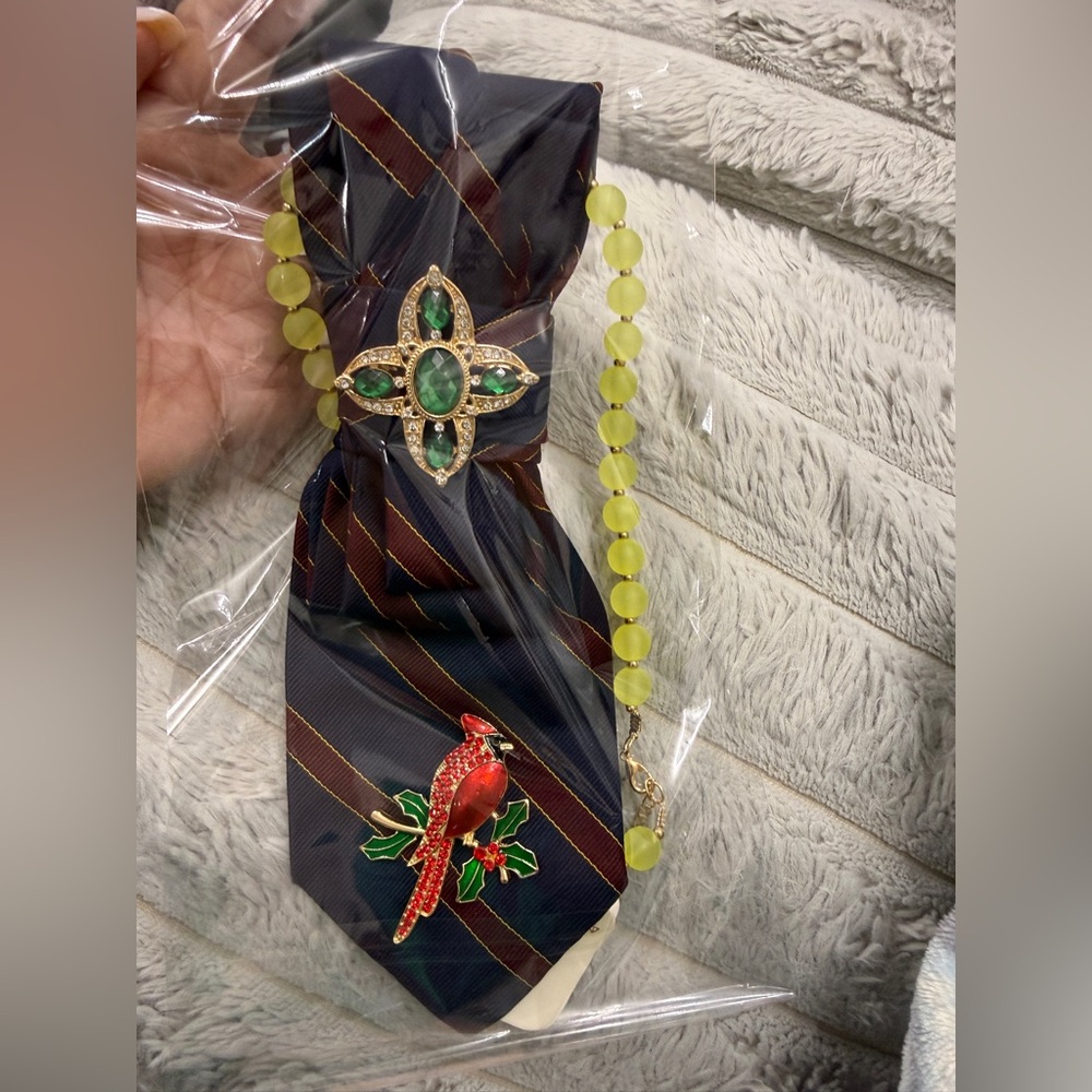 Upcycle Striped Tie necklace with Cardinal and Green Gem Brooch